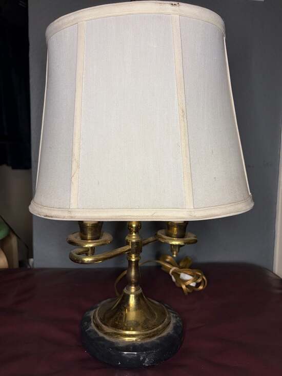Vintage Brass 2-Light Candelabra Bouillotte Style Lamp with Marble Base